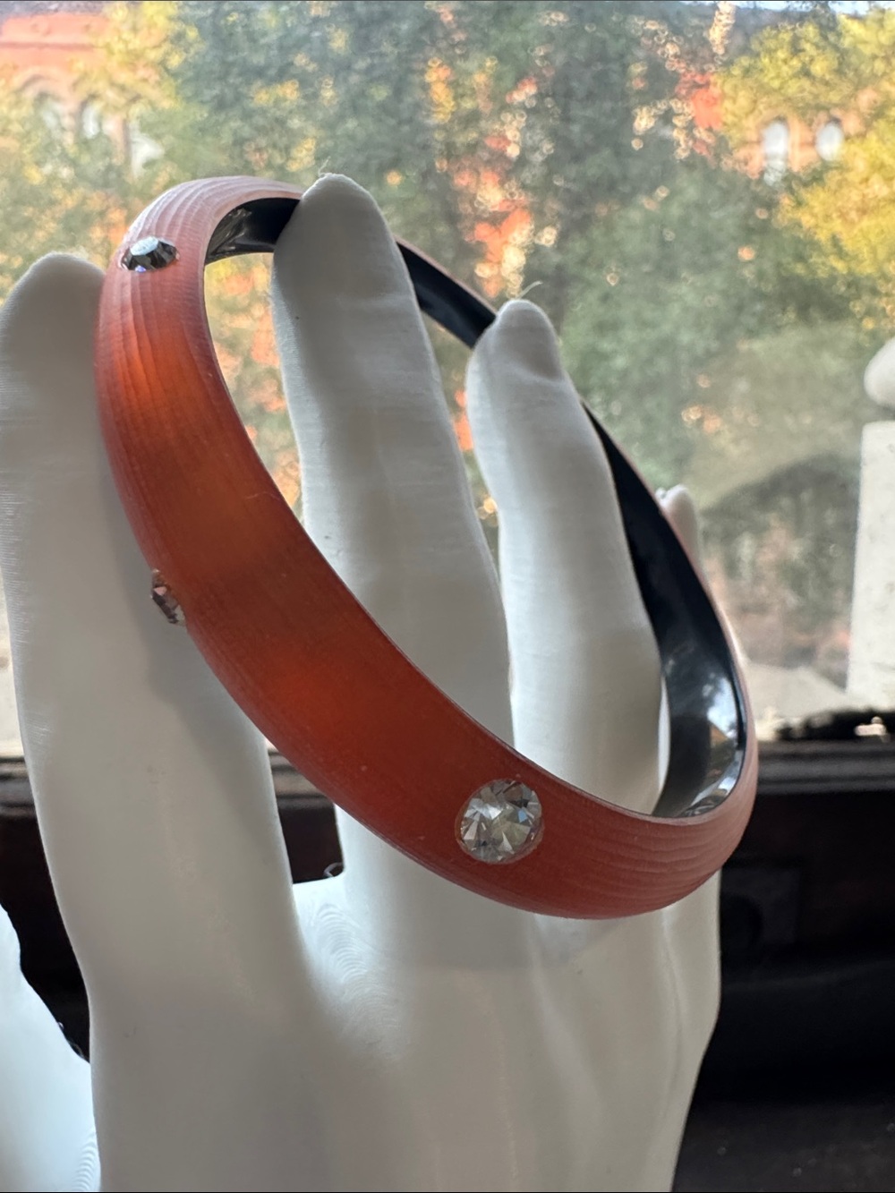 Alexis Bittar Burnt Orange Vintage Lucite Rhinestone Bangle Bracelet Hand-Carved